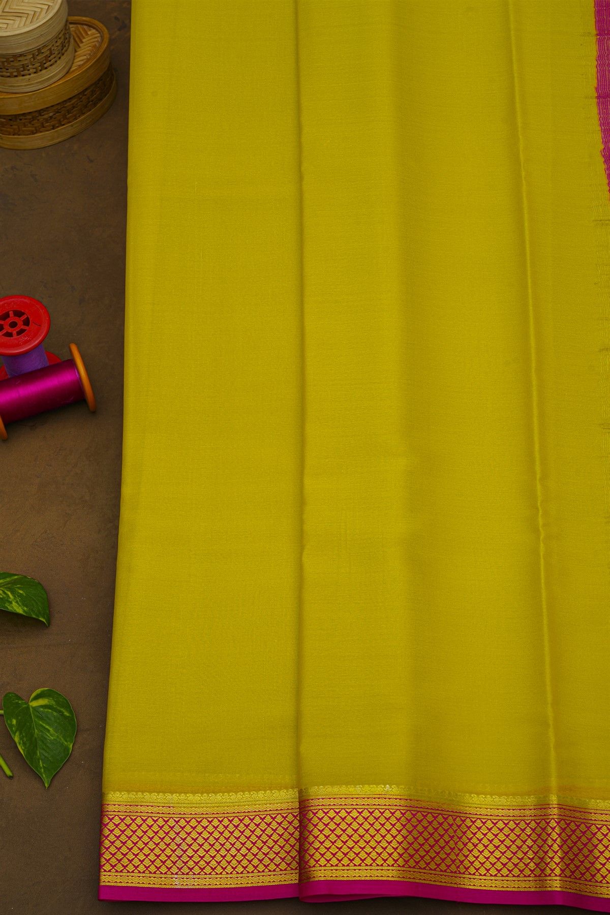 Mysore Crepe Lime Yellow Saree With Florals And Leaves Border