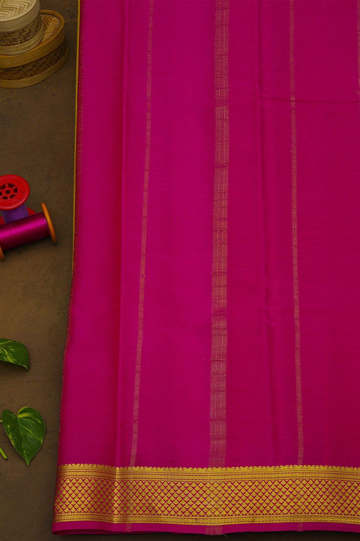 Mysore Crepe Lime Yellow Saree With Florals And Leaves Border
