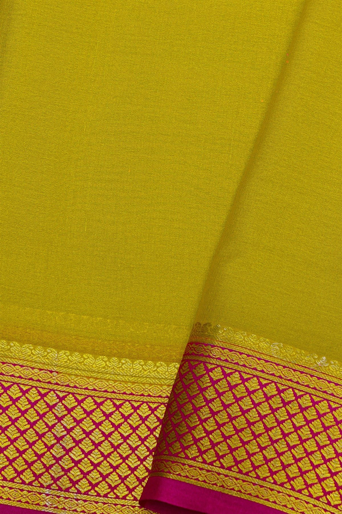 Mysore Crepe Lime Yellow Saree With Florals And Leaves Border