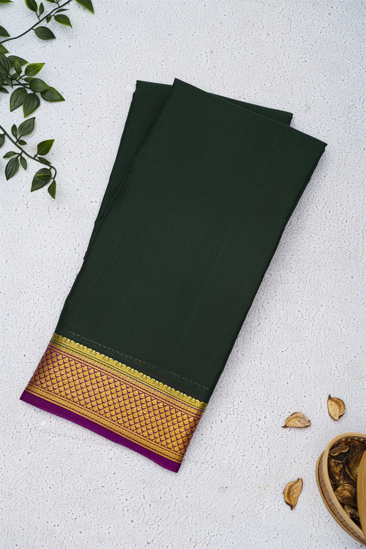 Mysore Crepe Bottle Green Saree With Floral And Buttis Border
