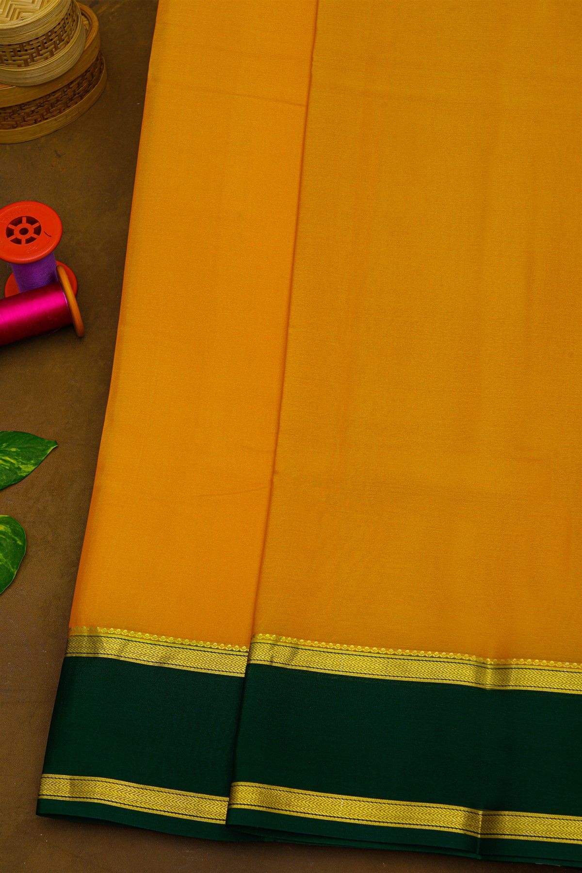 Mysore Crepe Mustard Yellow Saree With Gap Border