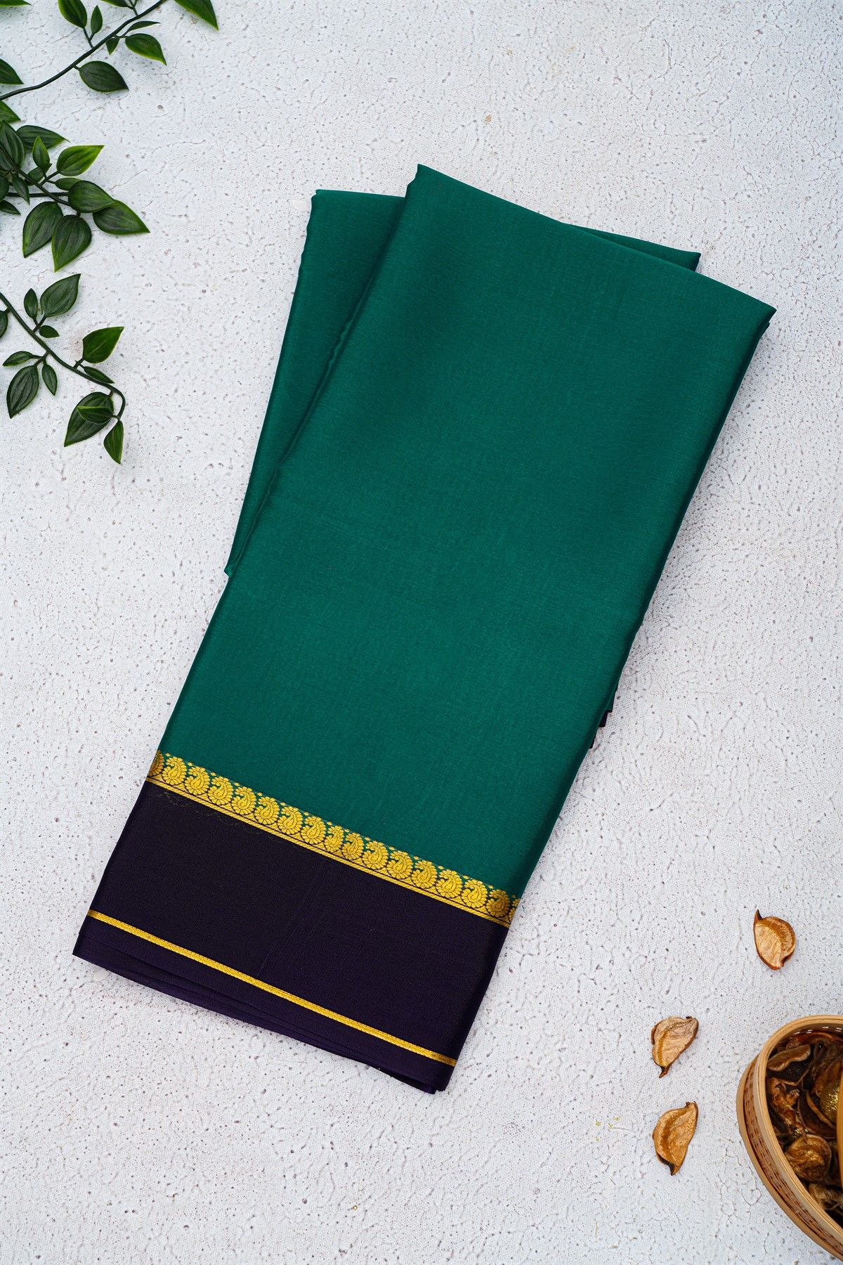 Mysore Crepe Teal Green Saree With Paisley Buttis Border