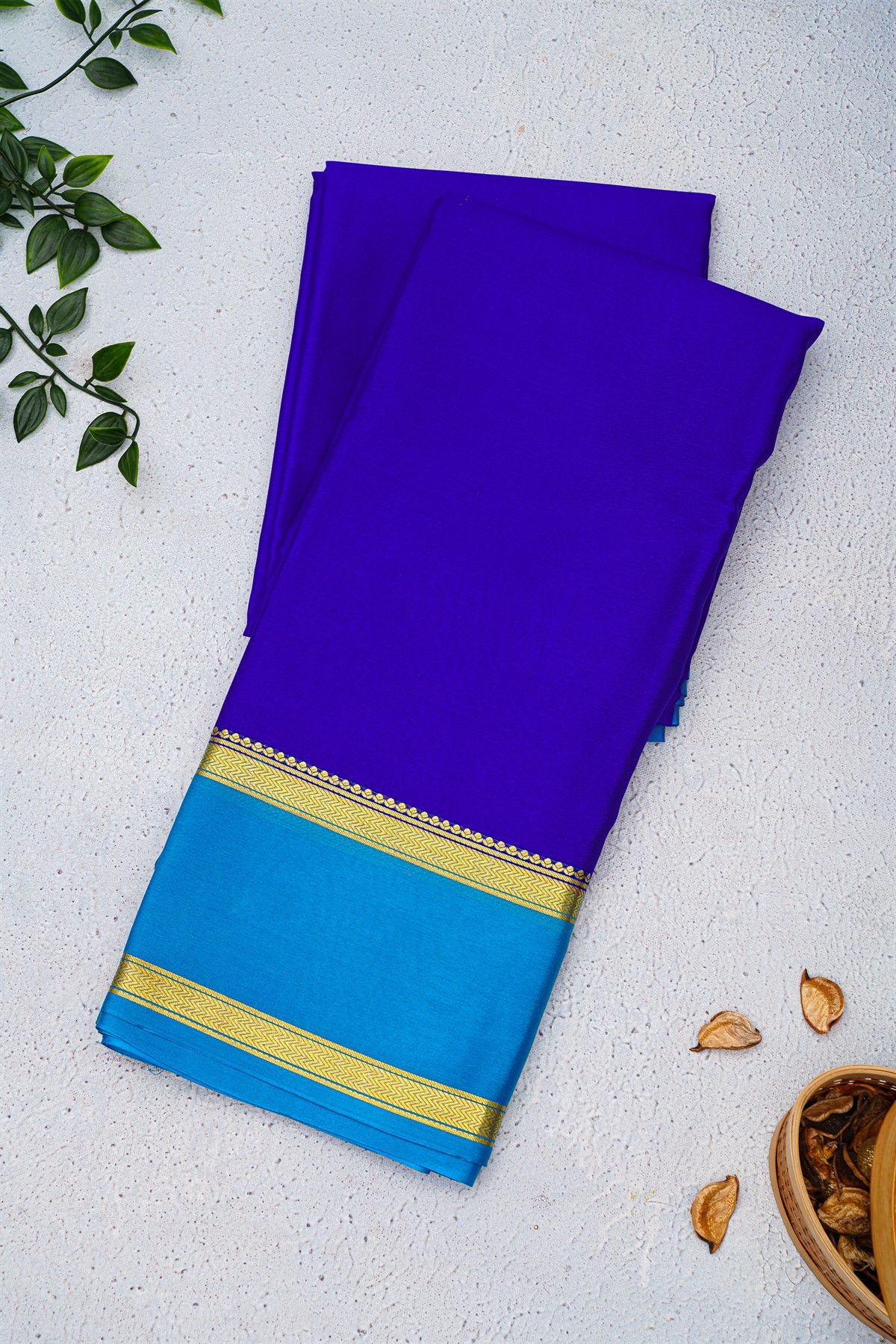 Mysore Crepe Royal Blue Saree With Gap Border