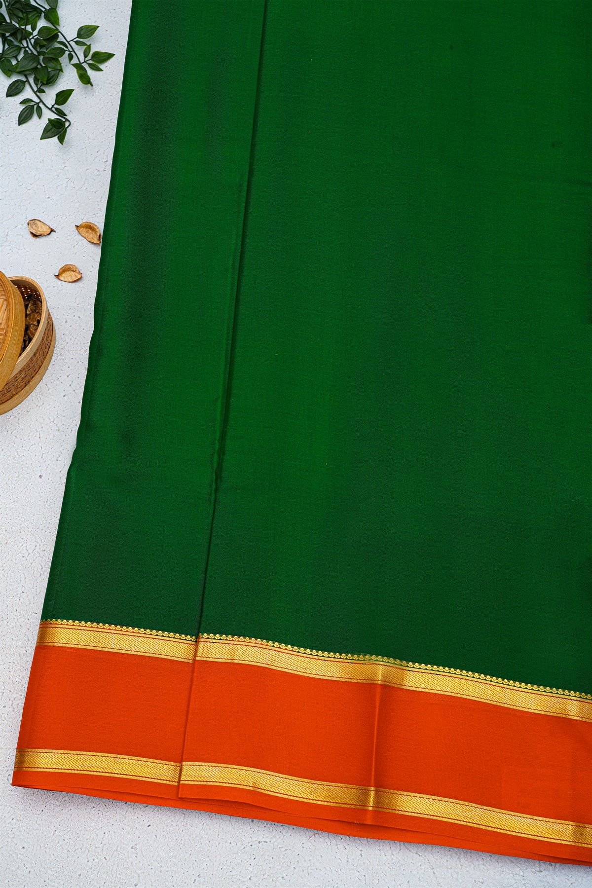 Mysore Crepe Bottle Green Saree With Gap Border