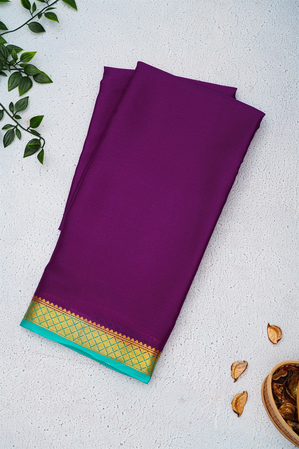 Mysore Crepe Purple Saree With Floral And Butti Border
