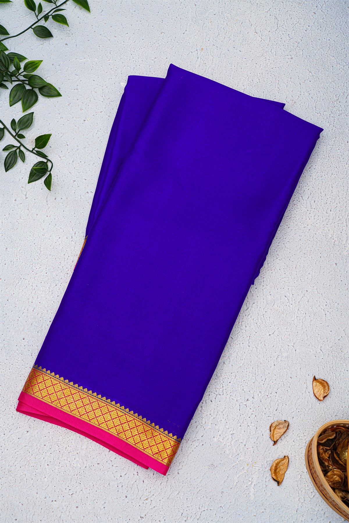 Mysore Crepe Royal Blue Saree With Floral And Butti Border