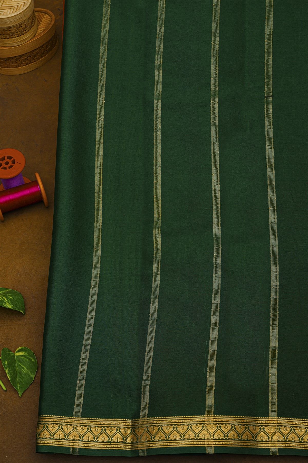 Mysore Crepe Rust Orange Silk Saree with Gold Zari Floral Border