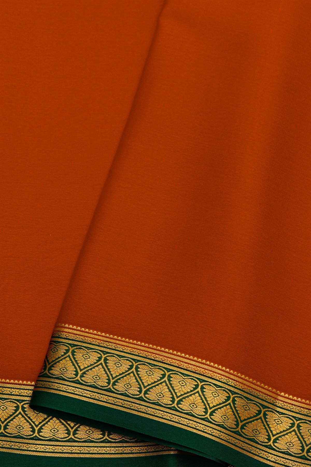 Mysore Crepe Rust Orange Silk Saree with Gold Zari Floral Border