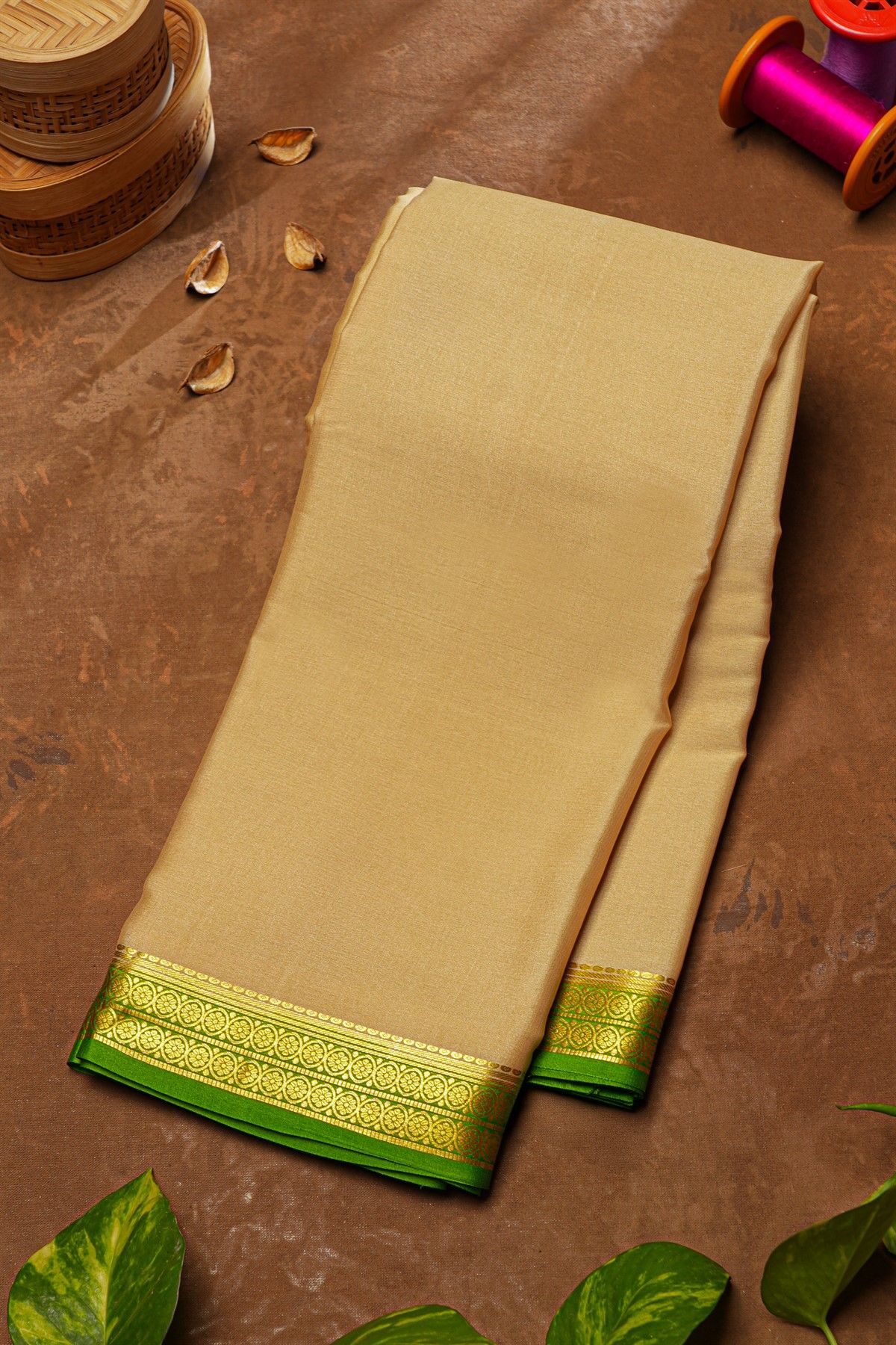 Mysore Crepe Cream Saree With Florals Border