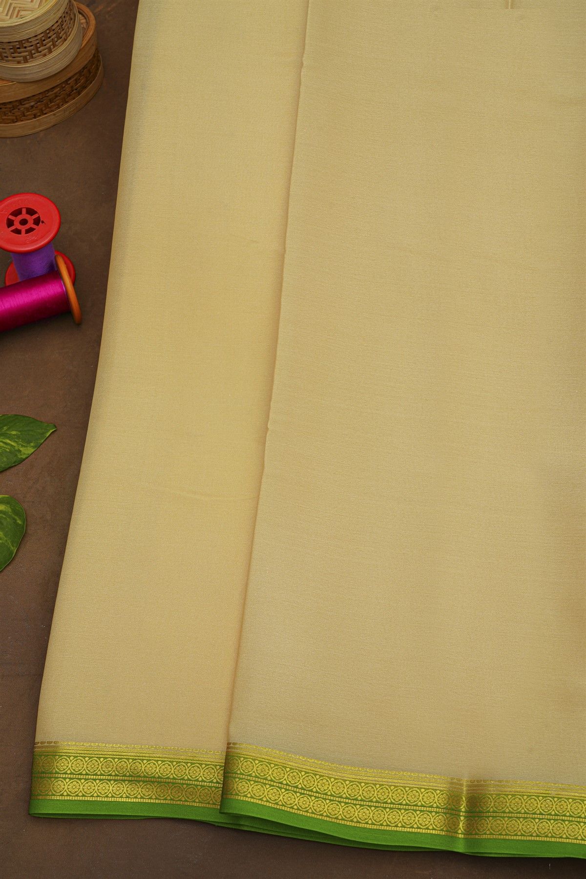 Mysore Crepe Cream Saree With Florals Border