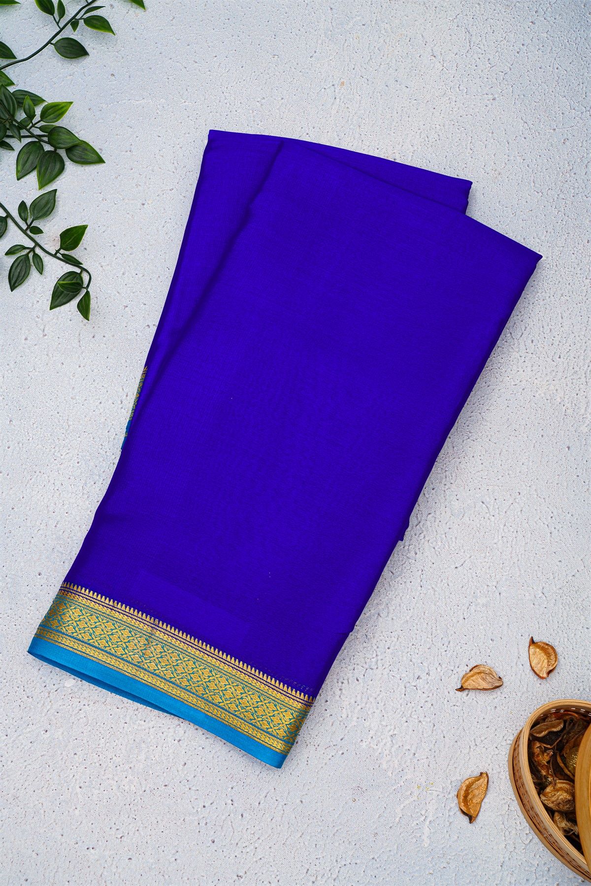 Mysore Crepe Royal Blue Saree With Floral And Leaf Border