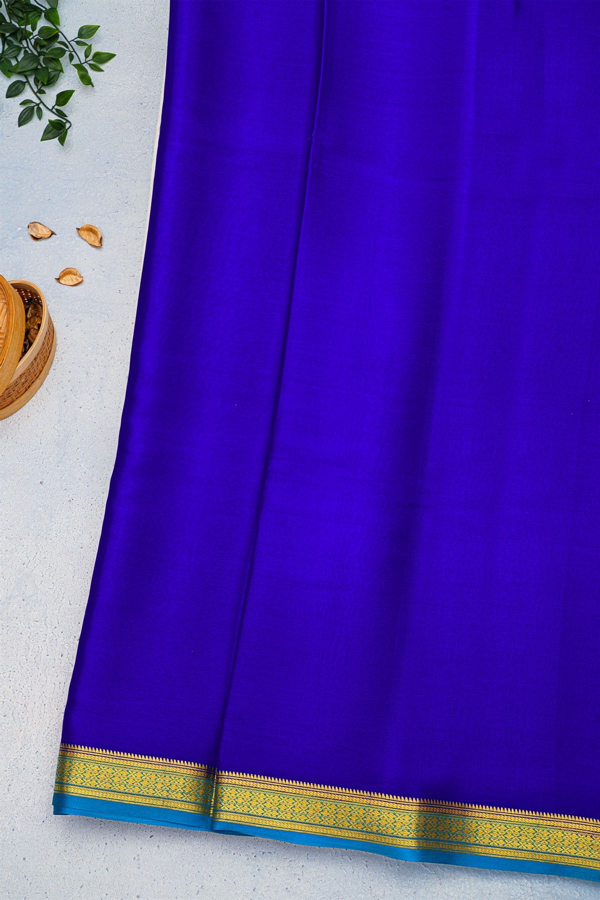 Mysore Crepe Royal Blue Saree With Floral And Leaf Border