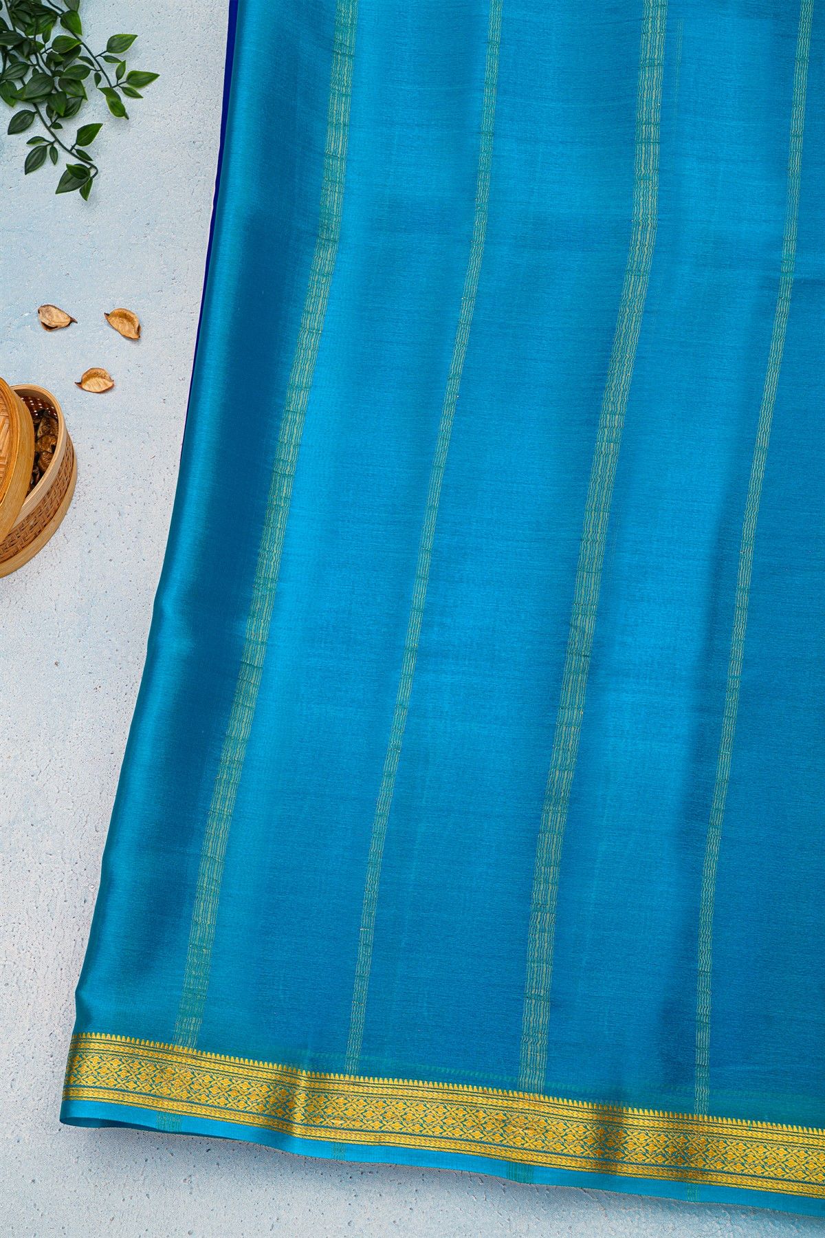 Mysore Crepe Royal Blue Saree With Floral And Leaf Border