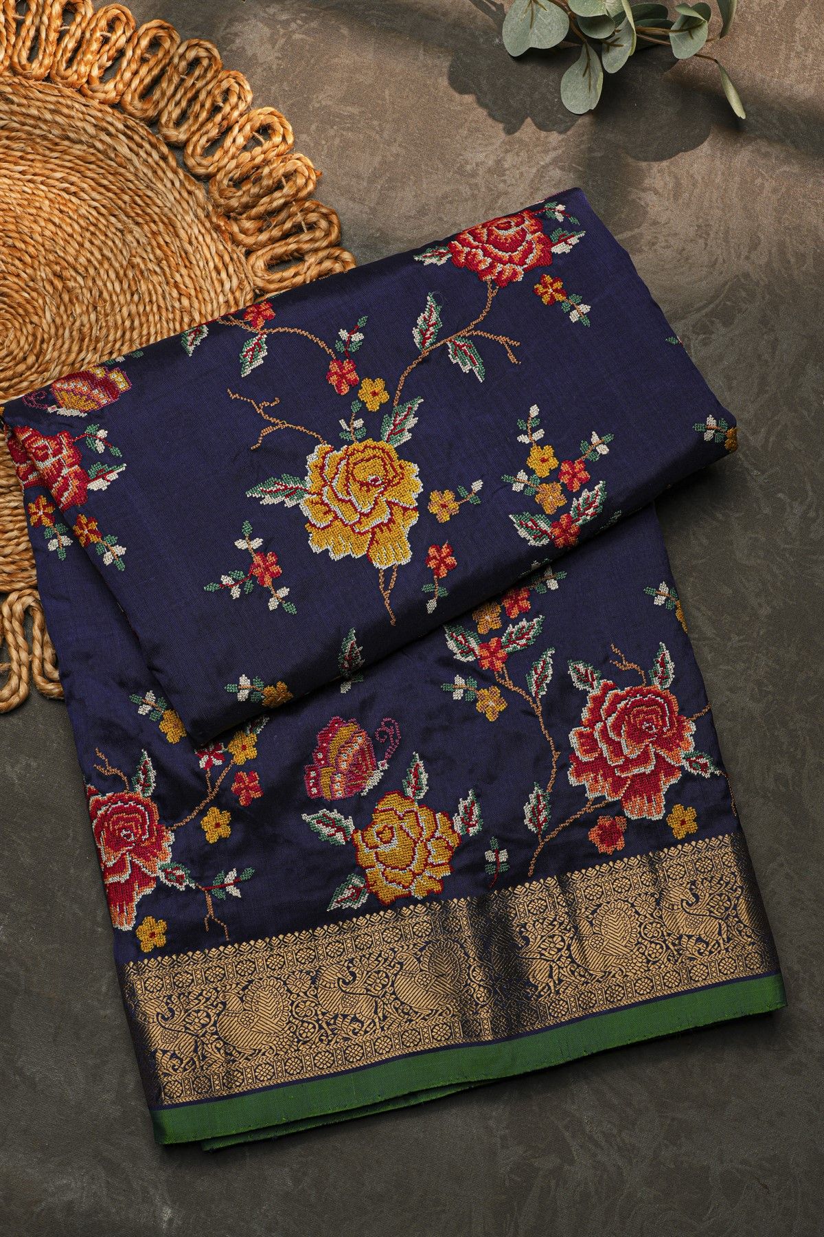 Fusion Silk Navy Blue Saree With Florals And Leaves In Thread Work Body
