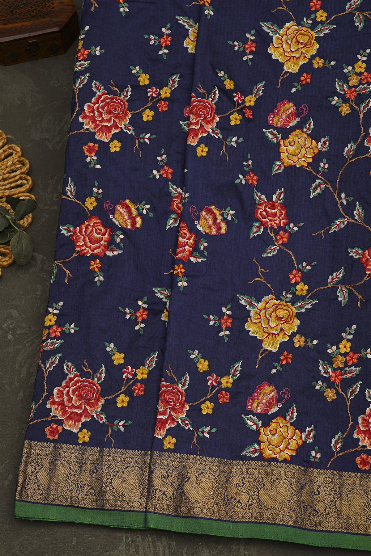 Fusion Silk Navy Blue Saree With Florals And Leaves In Thread Work Body