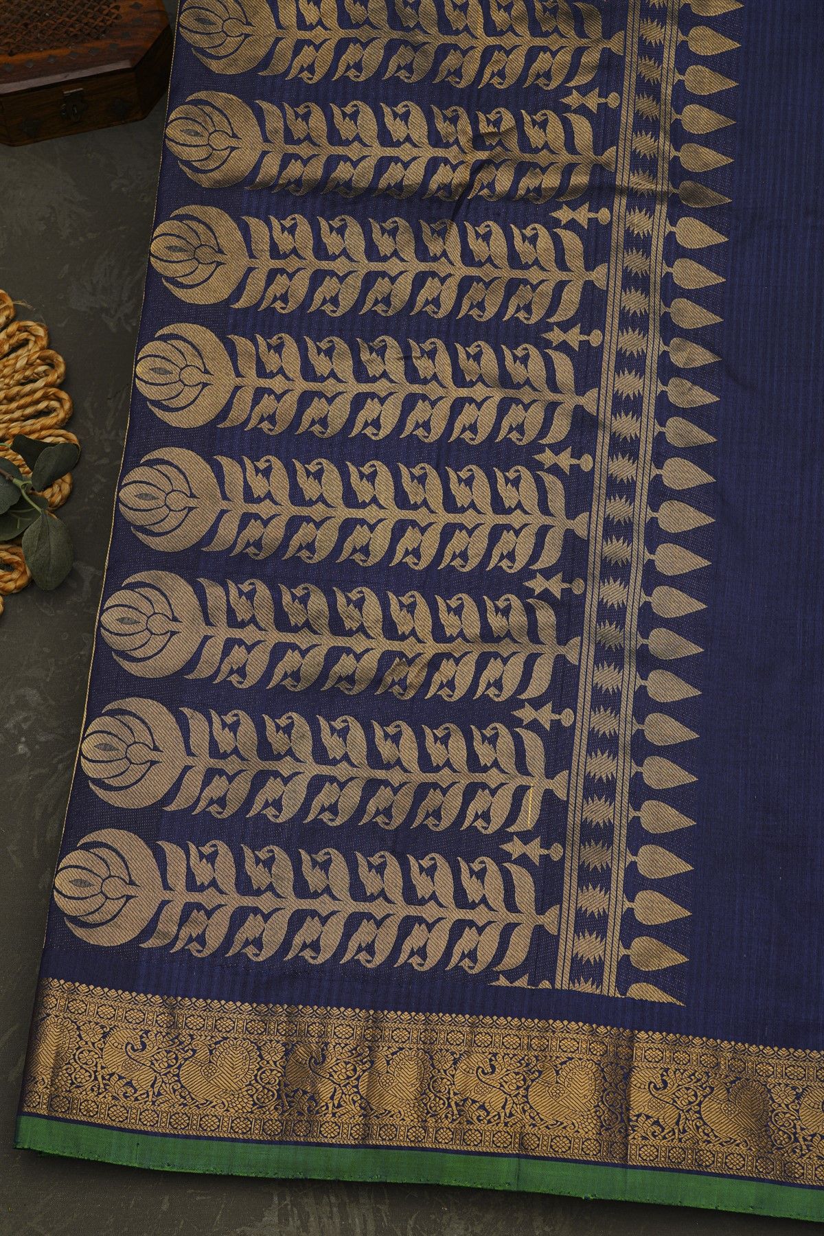 Fusion Silk Navy Blue Saree With Florals And Leaves In Thread Work Body