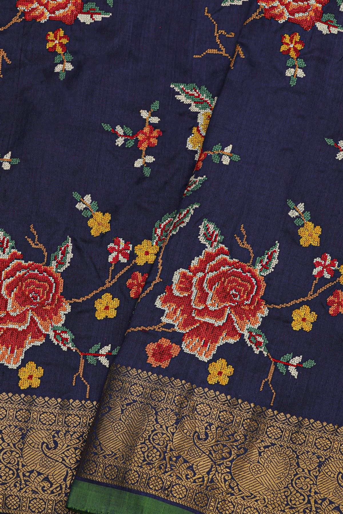 Fusion Silk Navy Blue Saree With Florals And Leaves In Thread Work Body