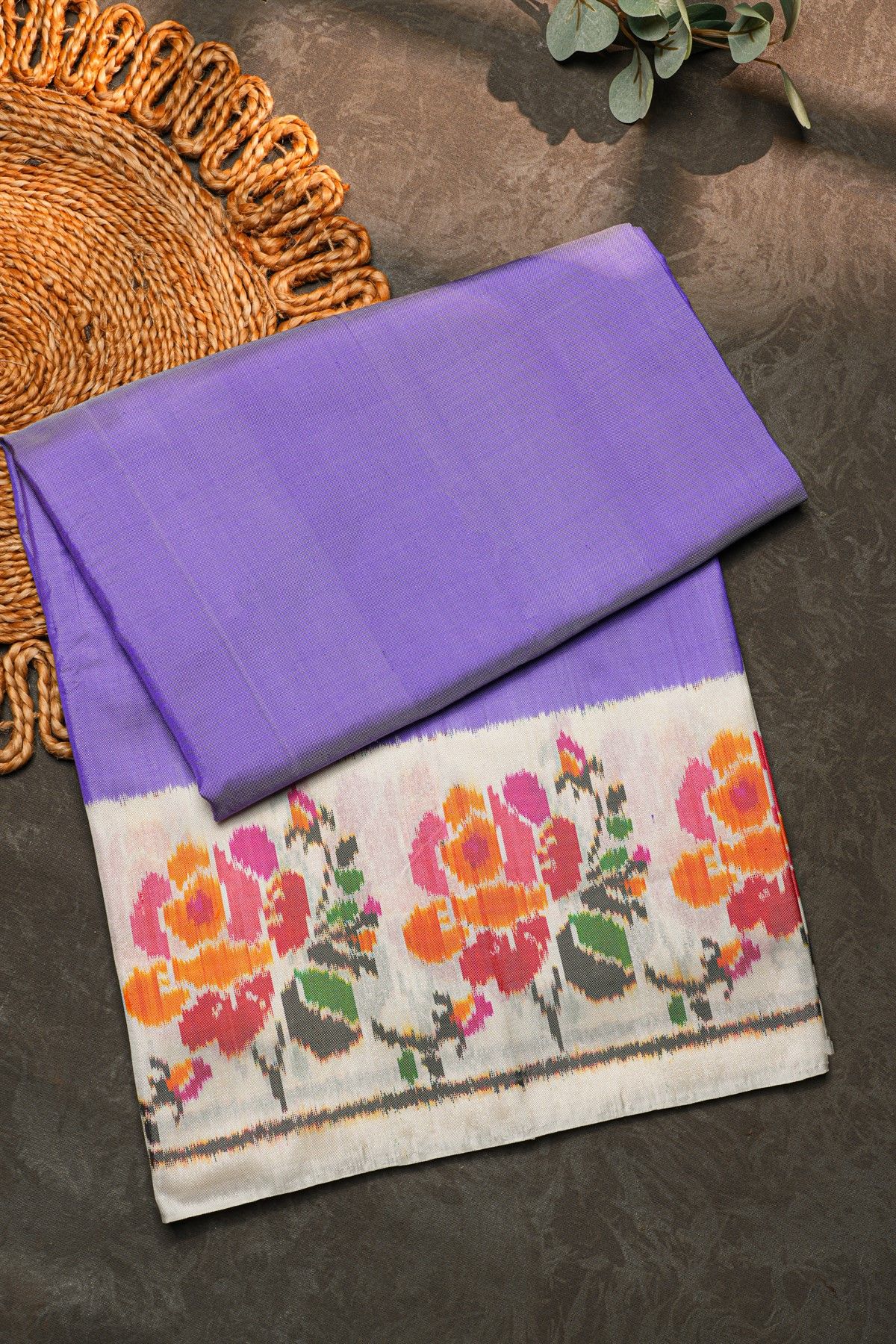 Pochampally Ikat Silk Purple Saree With Floral And Leaf Jaal Border