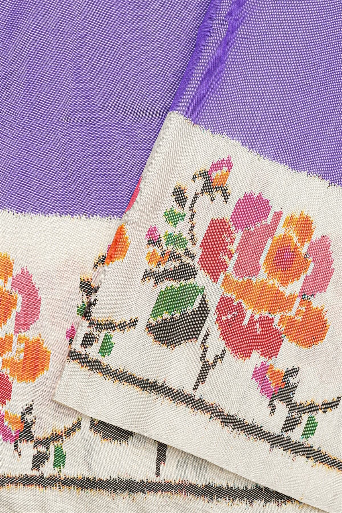 Pochampally Ikat Silk Purple Saree With Floral And Leaf Jaal Border