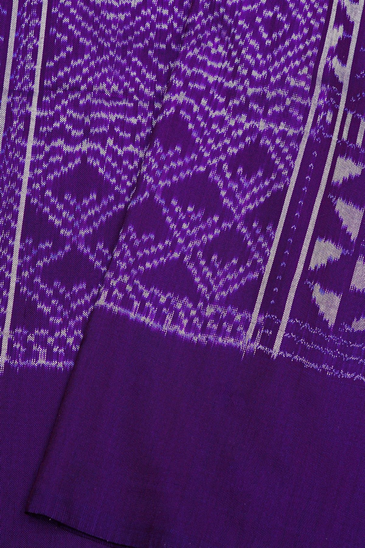 Pochampally Ikat Silk Purple Saree With Floral And Diamond Checks Body