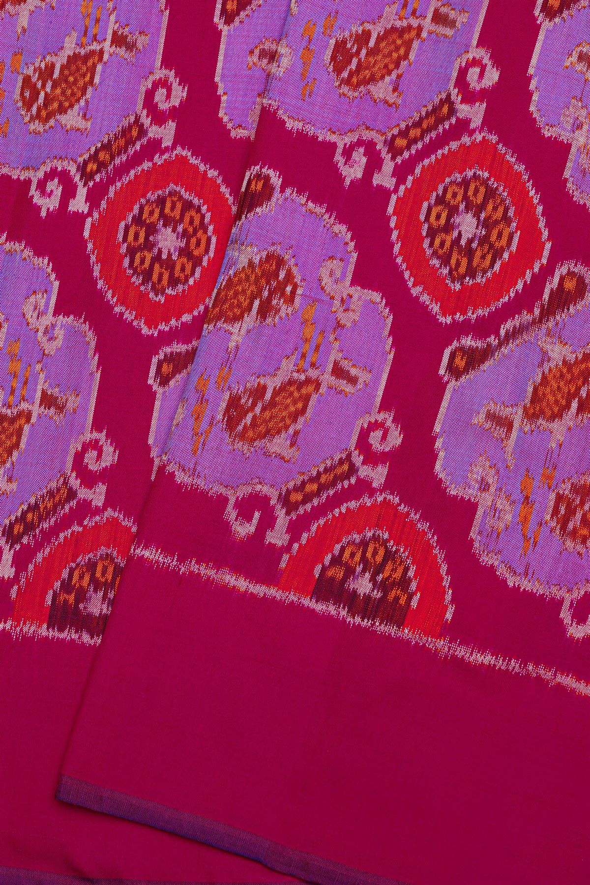 Pochampally Ikat Silk Magenta Saree With Floral And Fish Circles Body