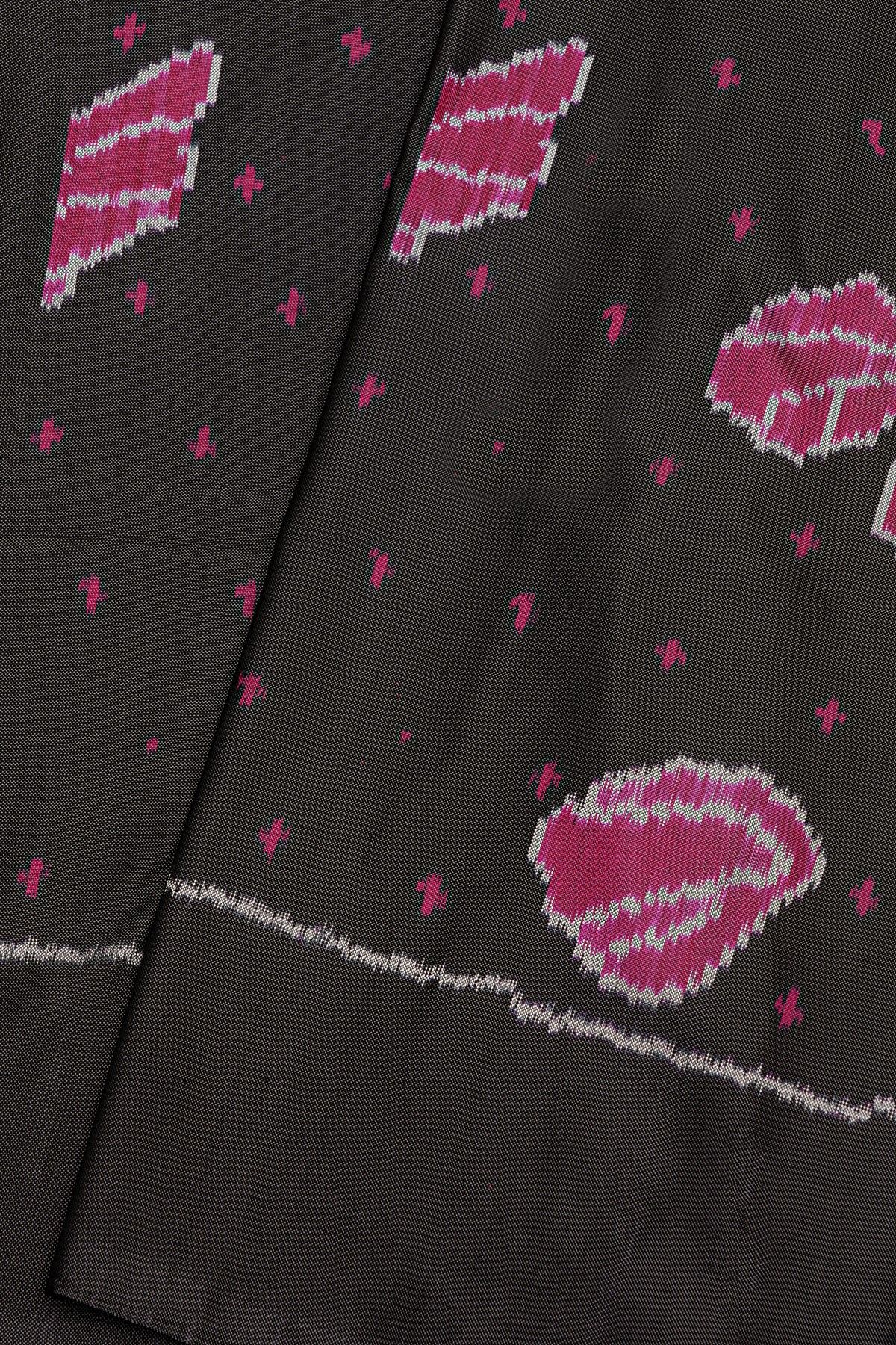 Pochampally Ikat Silk Black Saree With Floral And Leaf Ikat Design Body