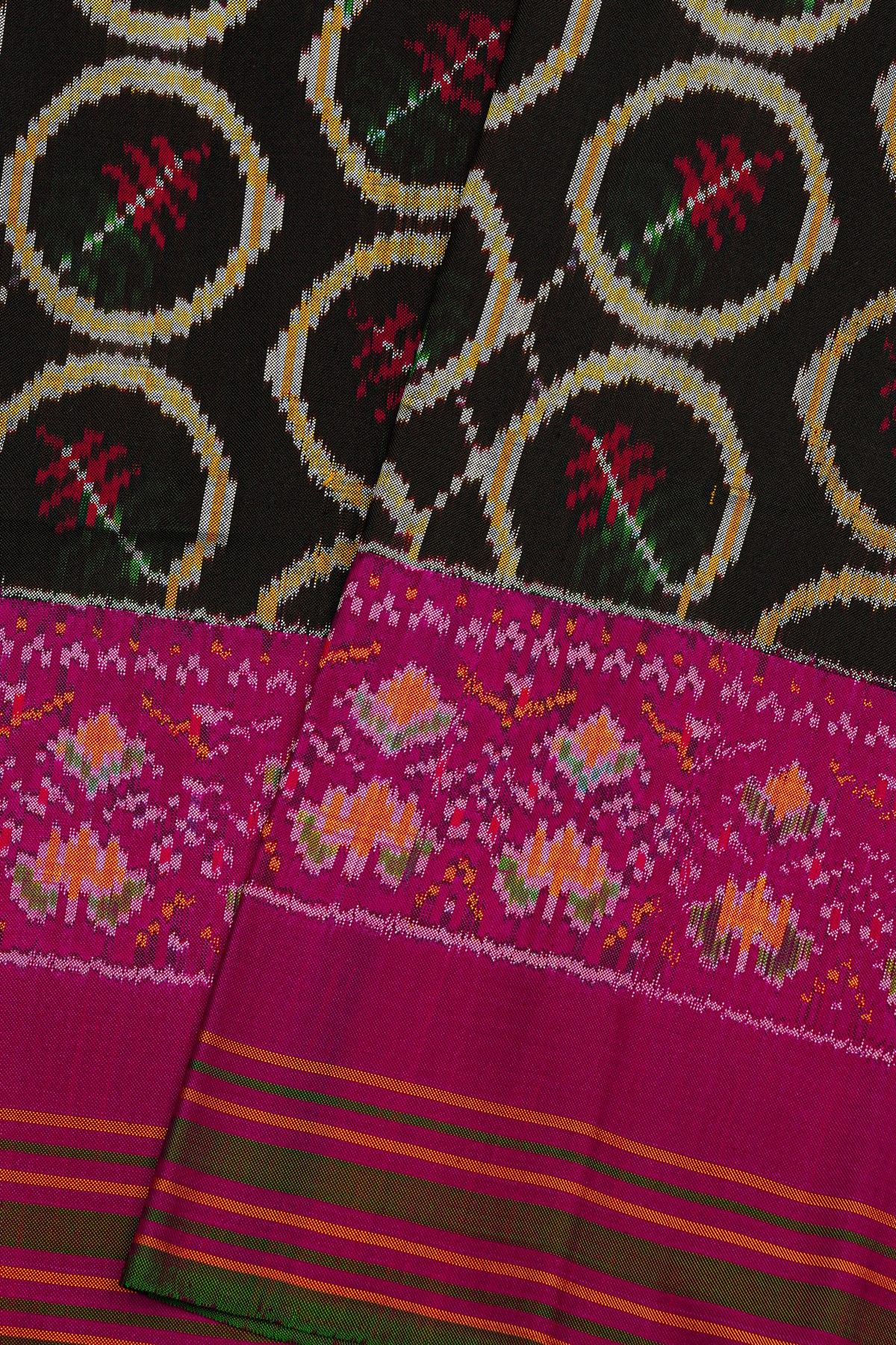 Pochampally Ikat Silk Black Saree With Floral And Leaf Lines Border