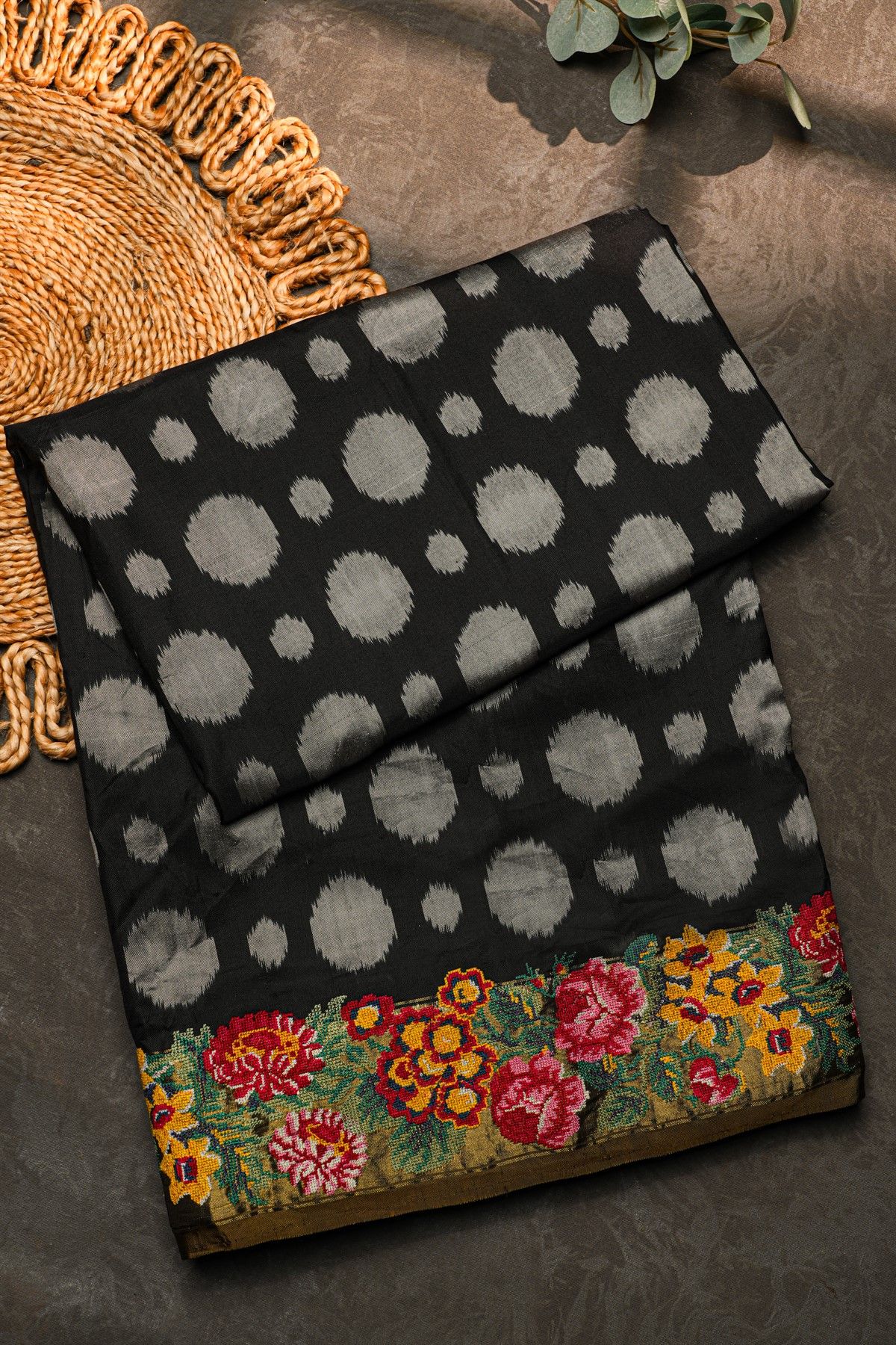 Fusion Ikat Silk Black Saree With Florals And Leaves Jaal With Thread Work Border