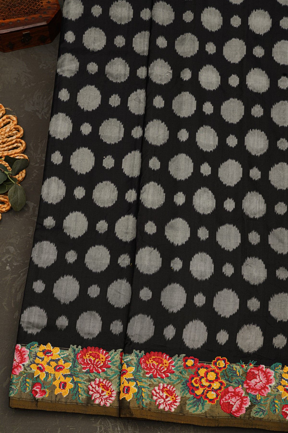Fusion Ikat Silk Black Saree With Florals And Leaves Jaal With Thread Work Border