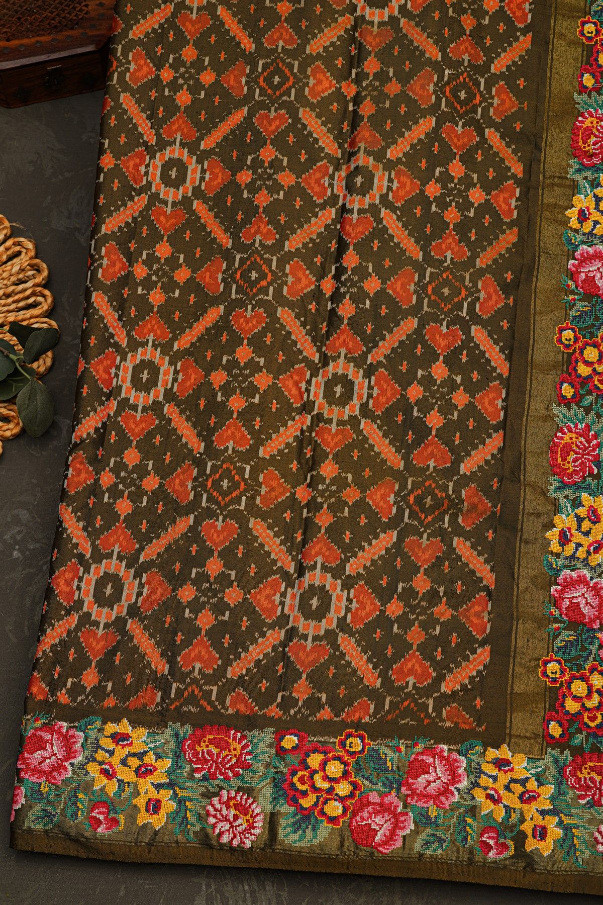 Fusion Ikat Silk Black Saree With Florals And Leaves Jaal With Thread Work Border