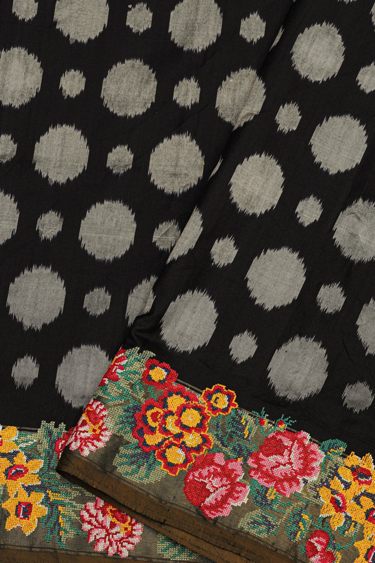 Fusion Ikat Silk Black Saree With Florals And Leaves Jaal With Thread Work Border