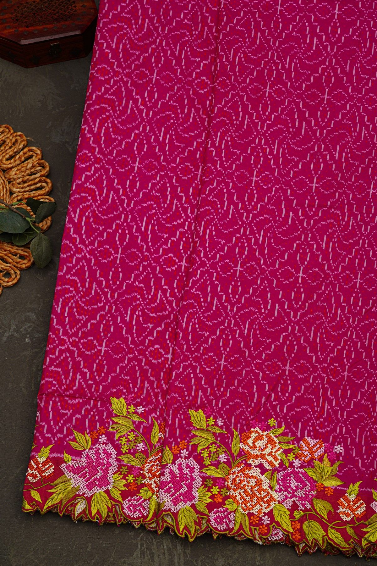 Fusion Ikat Silk Pink Saree With Florals And Leaves In Thread Work Border