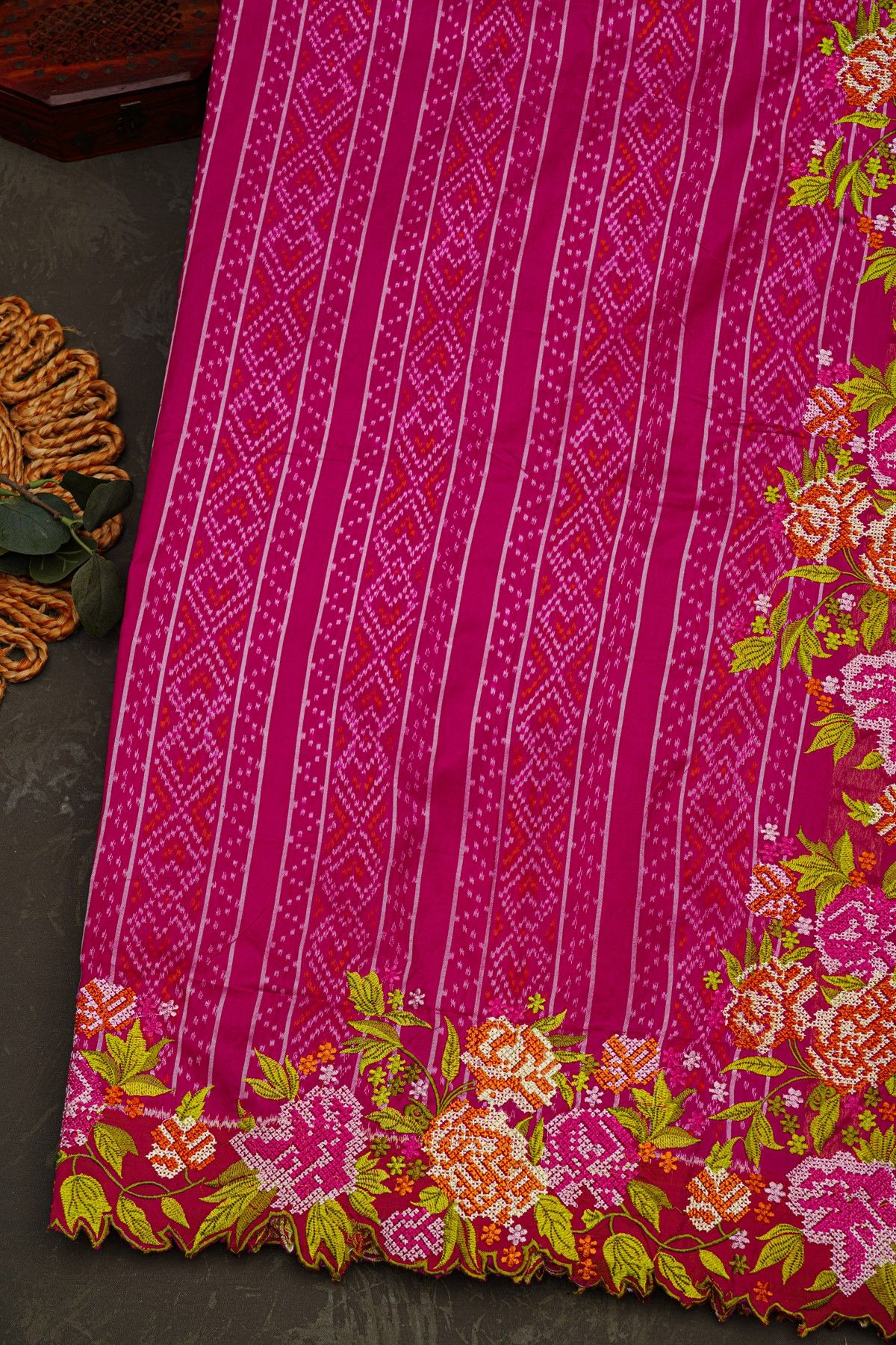 Fusion Ikat Silk Pink Saree With Florals And Leaves In Thread Work Border