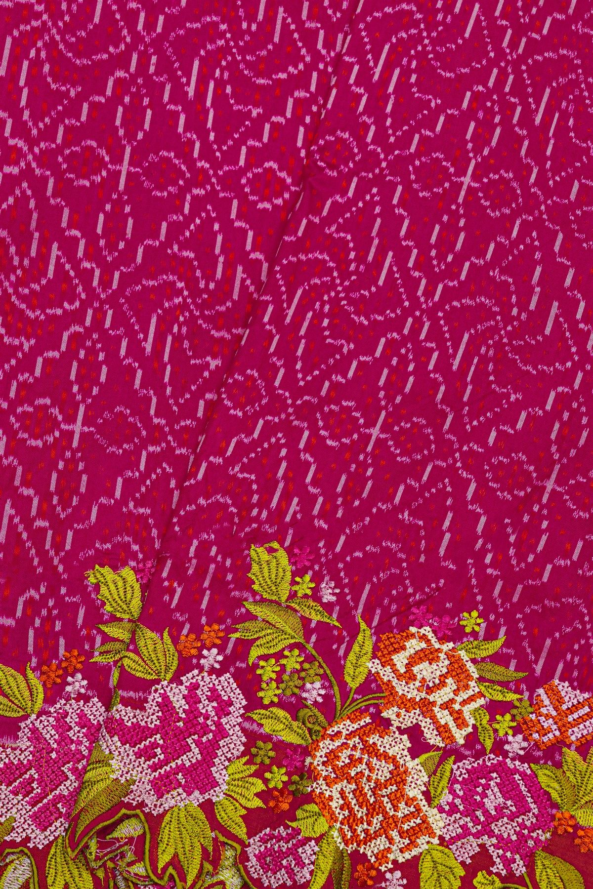 Fusion Ikat Silk Pink Saree With Florals And Leaves In Thread Work Border