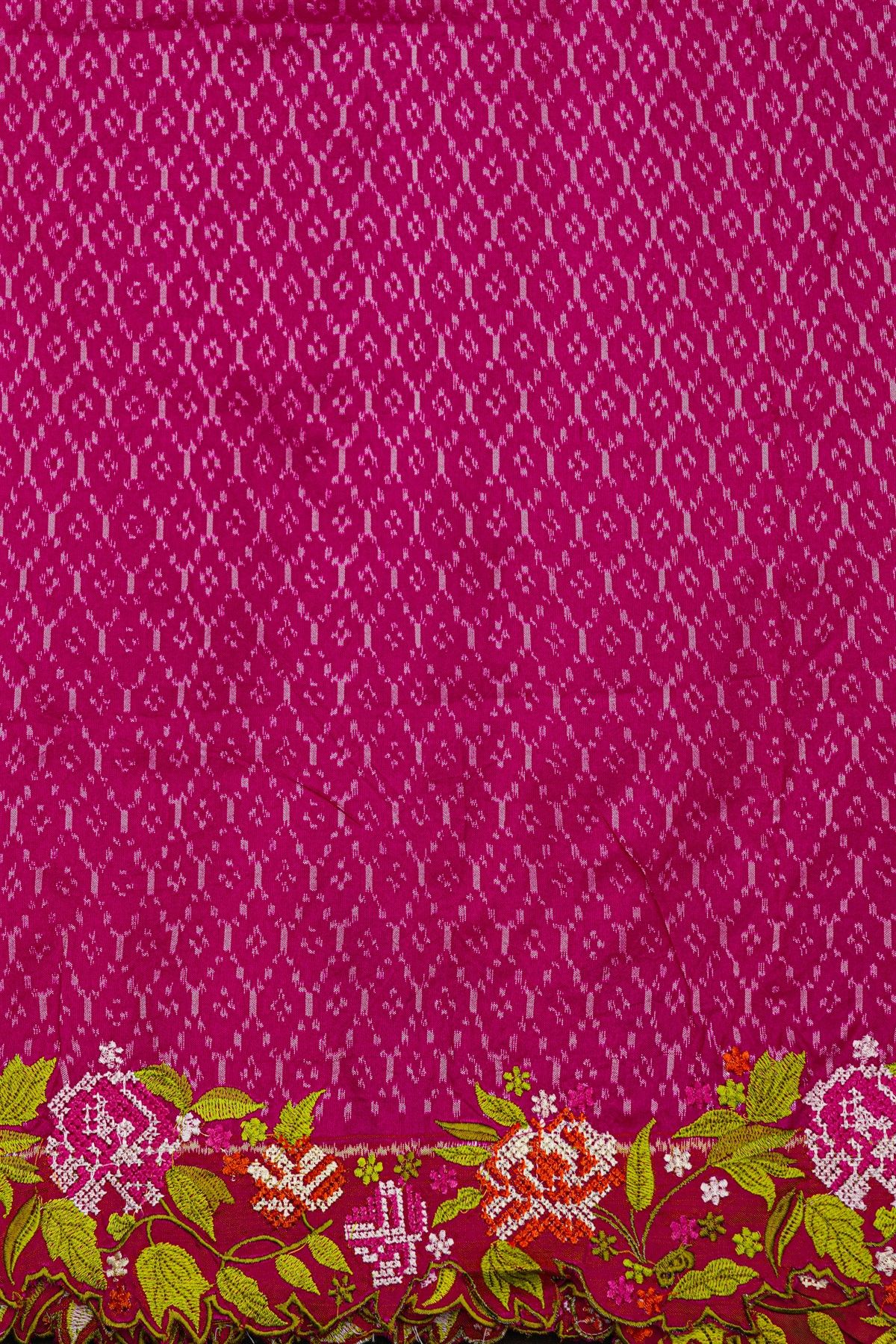 Fusion Ikat Silk Pink Saree With Florals And Leaves In Thread Work Border