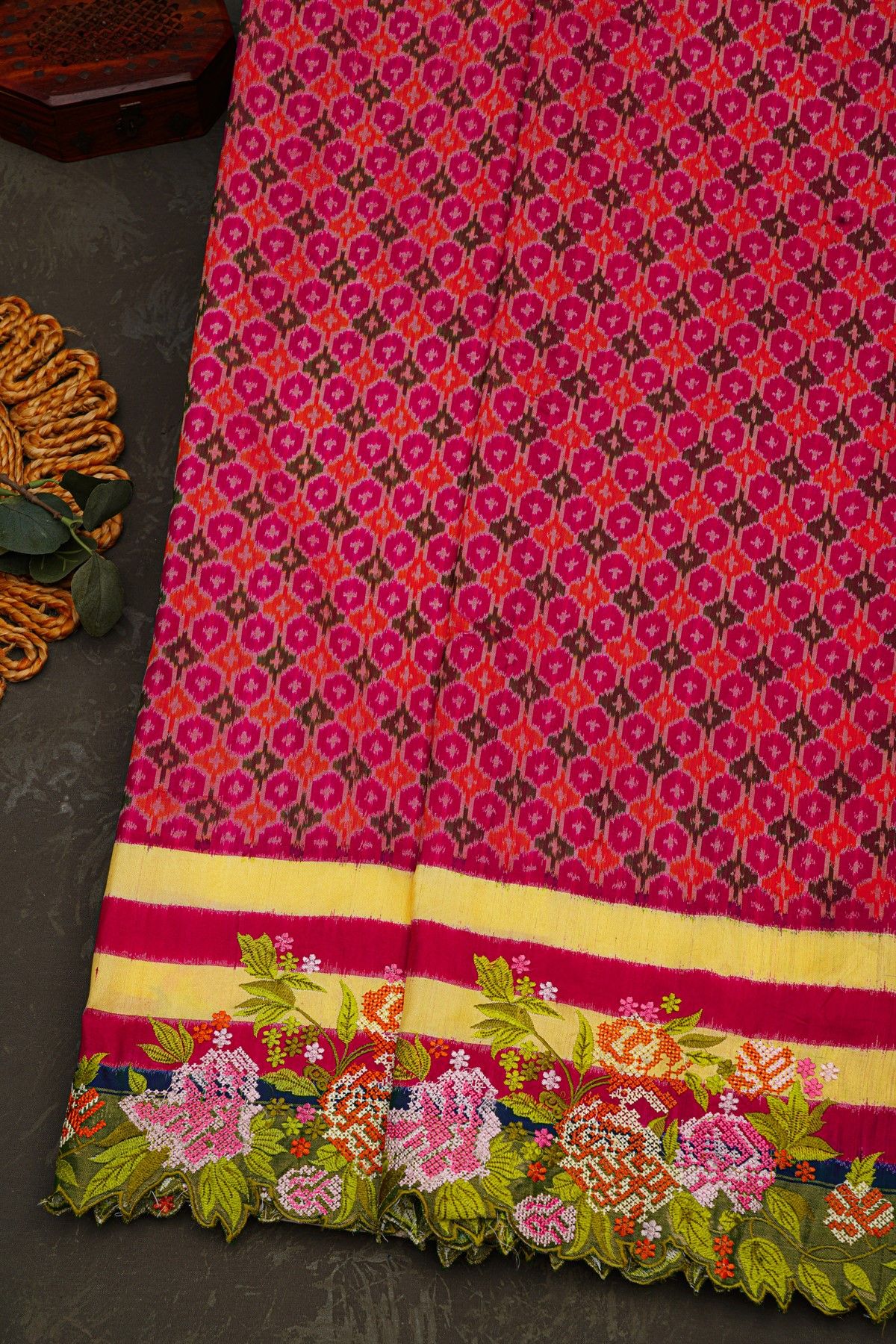 Fusion Ikat Silk Dual Colour Saree With Florals And Leaves In Thread Work Border