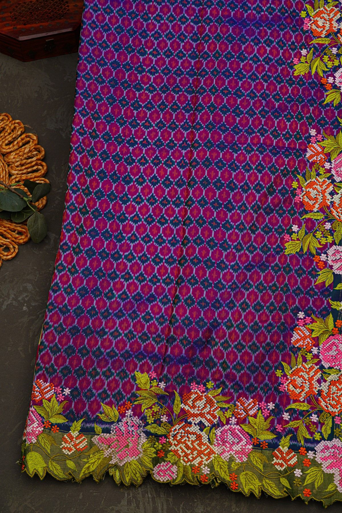 Fusion Ikat Silk Dual Colour Saree With Florals And Leaves In Thread Work Border