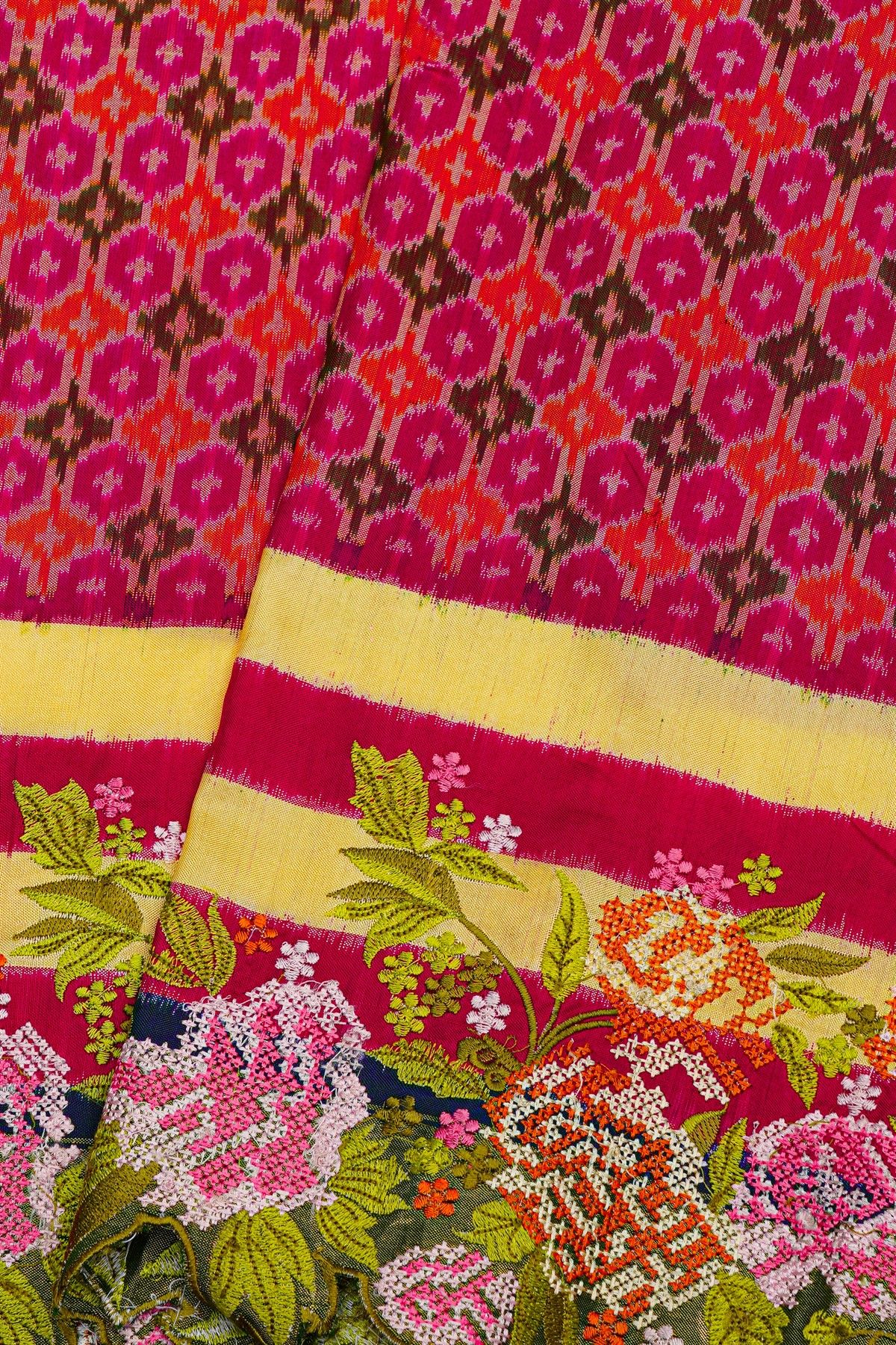Fusion Ikat Silk Dual Colour Saree With Florals And Leaves In Thread Work Border