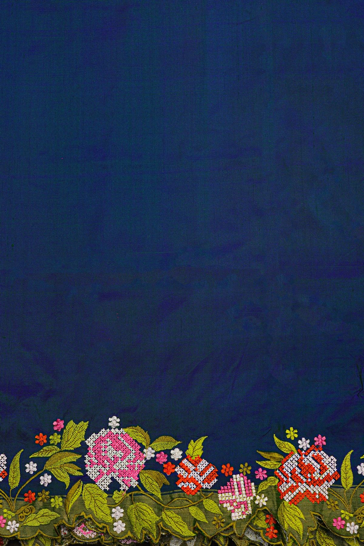 Fusion Ikat Silk Dual Colour Saree With Florals And Leaves In Thread Work Border