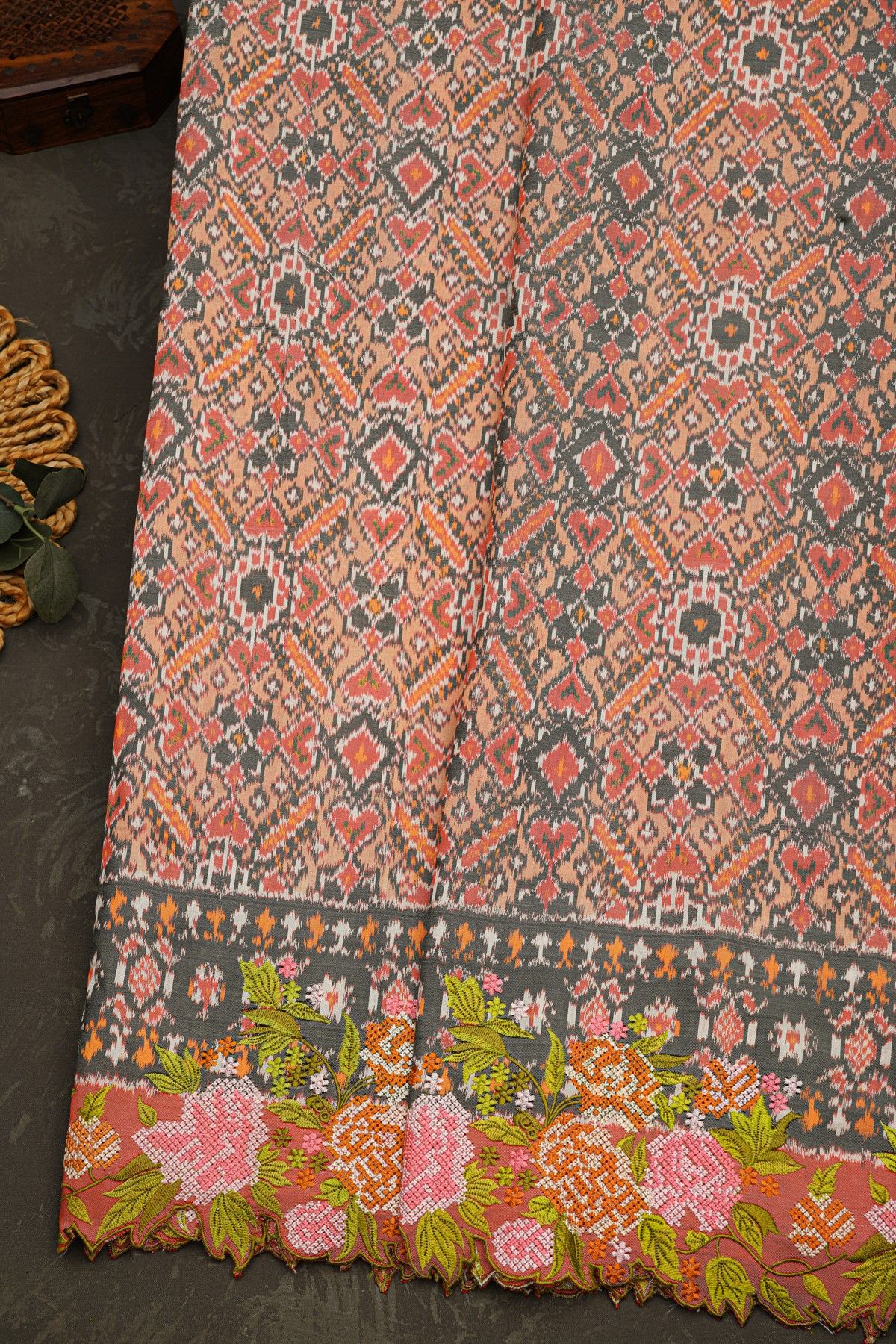 Fusion Ikat Silk Peach Saree With Pochampally Weave Body