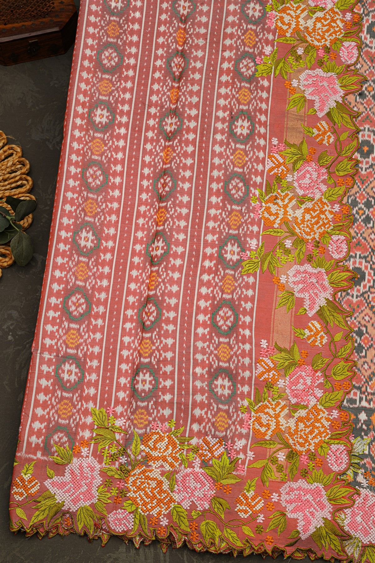 Fusion Ikat Silk Peach Saree With Pochampally Weave Body