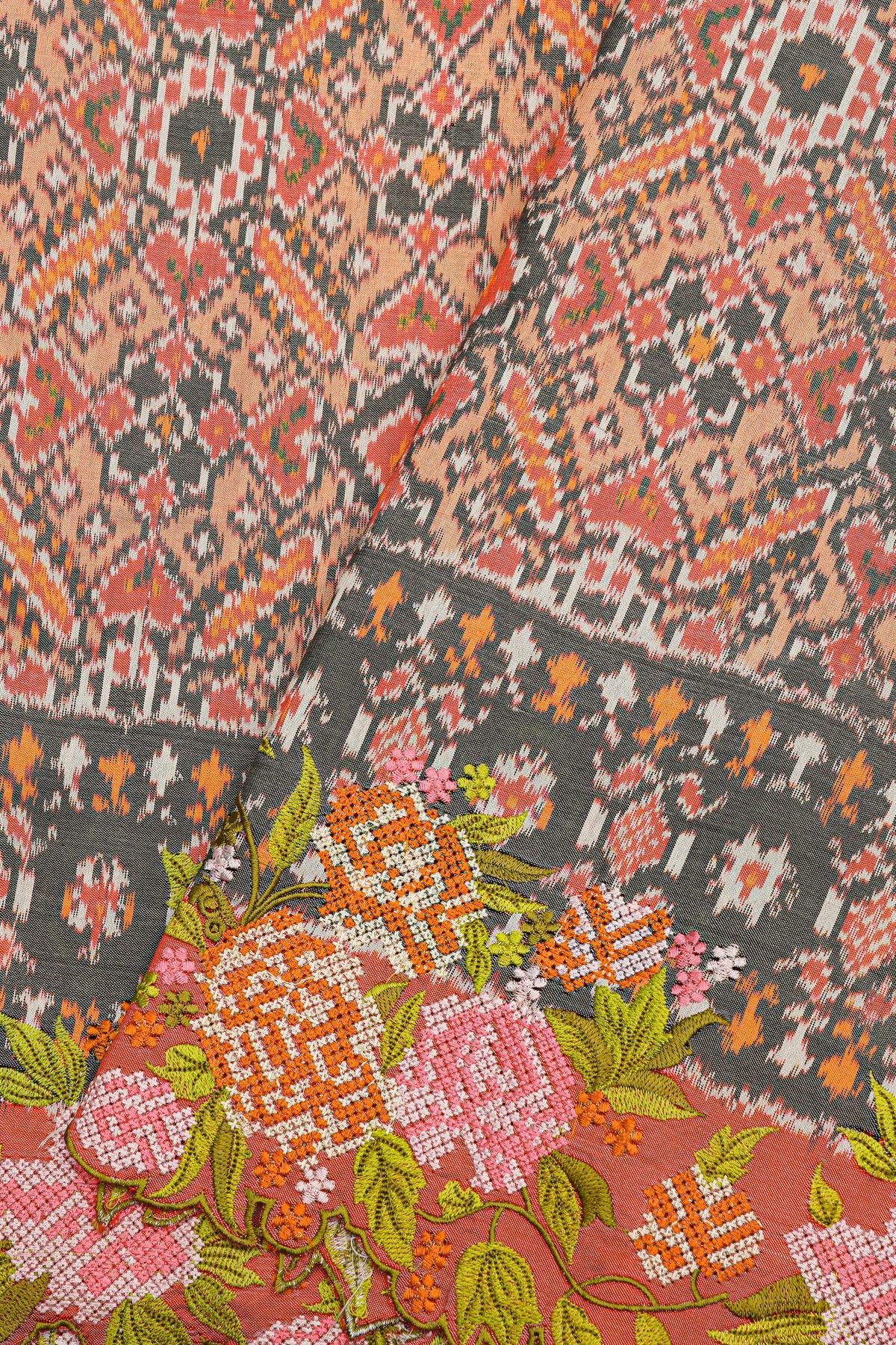 Fusion Ikat Silk Peach Saree With Pochampally Weave Body