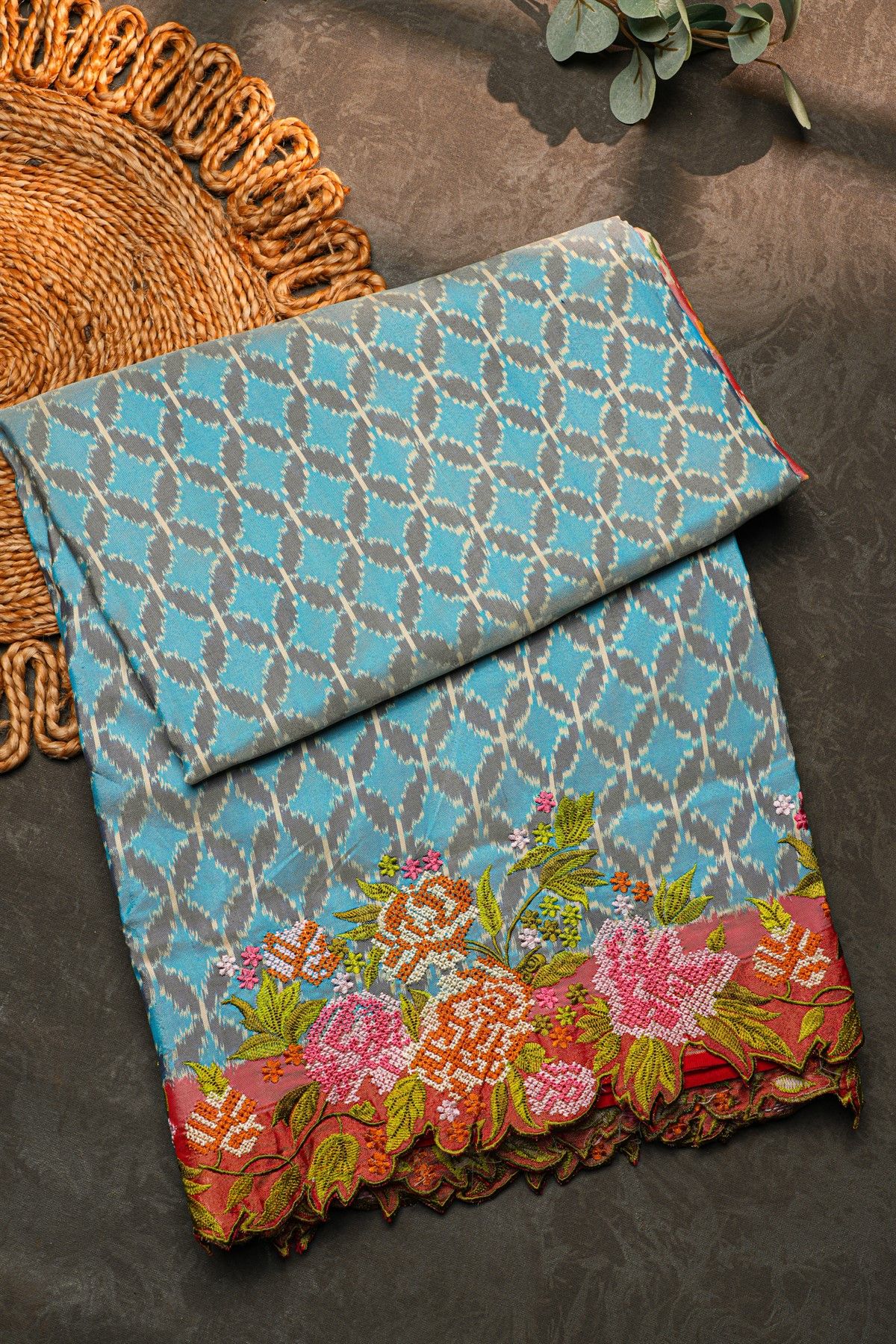 Fusion Ikat Silk Sky Blue Saree With Pochampally Weave Body