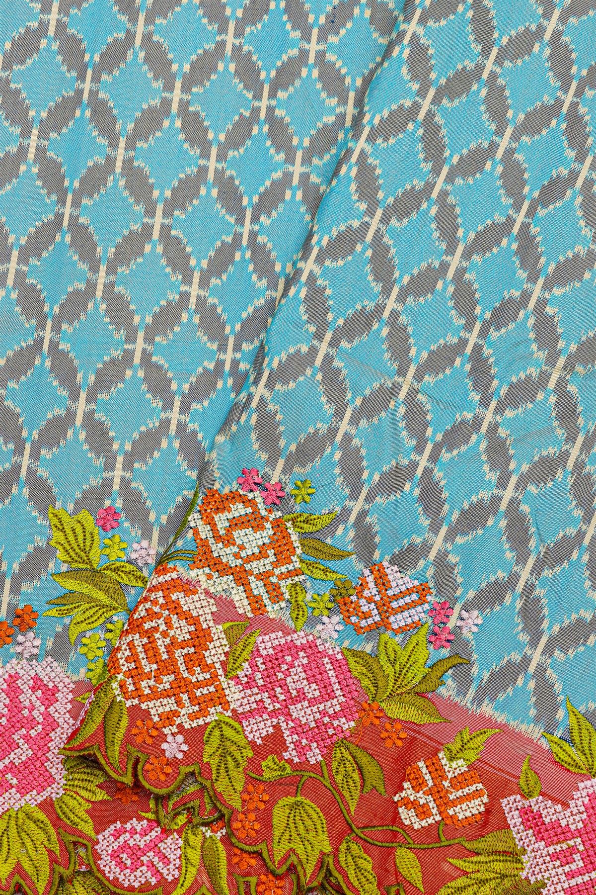 Fusion Ikat Silk Sky Blue Saree With Pochampally Weave Body