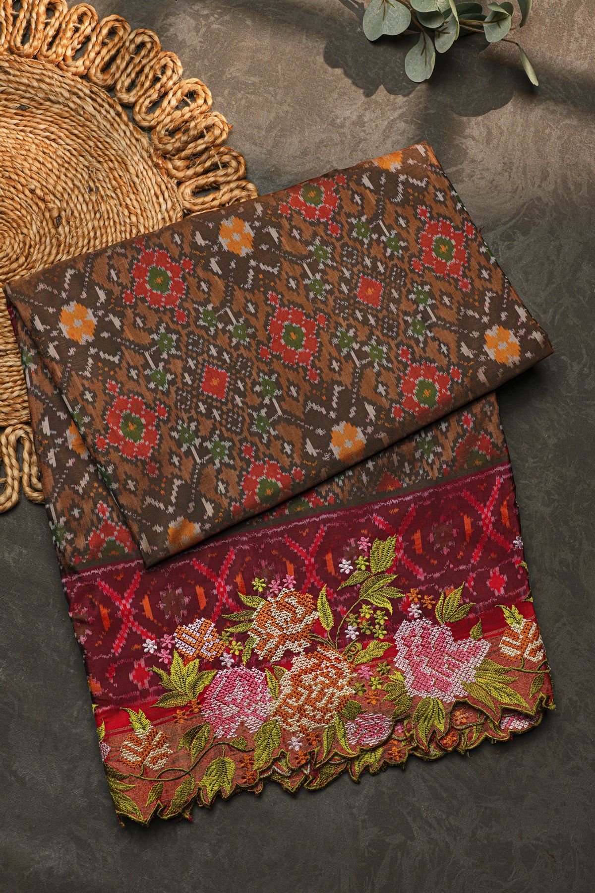 Fusion Ikat Silk Rust Orange Saree With Pochampally Weave Body