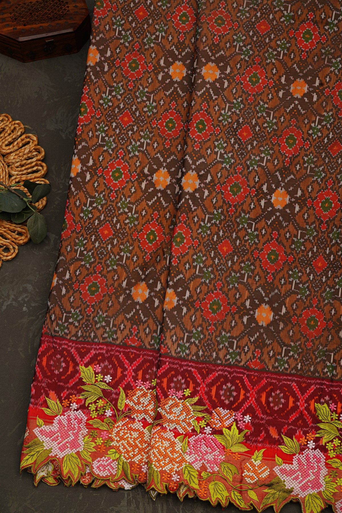 Fusion Ikat Silk Rust Orange Saree With Pochampally Weave Body