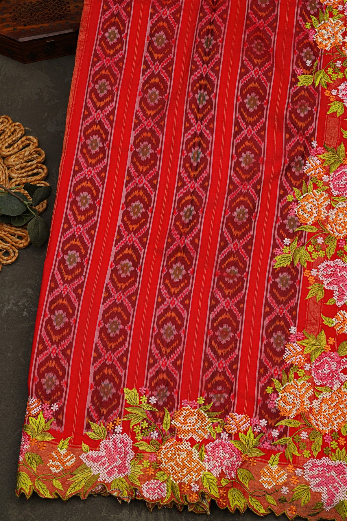 Fusion Ikat Silk Rust Orange Saree With Pochampally Weave Body