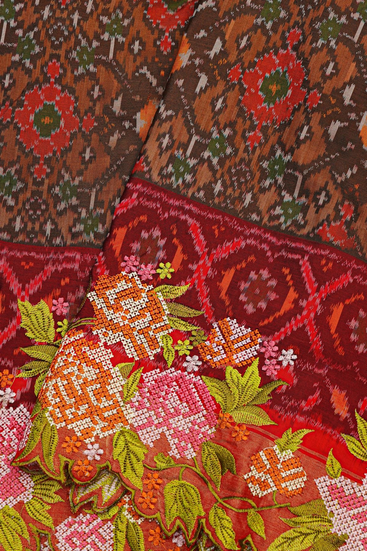 Fusion Ikat Silk Rust Orange Saree With Pochampally Weave Body