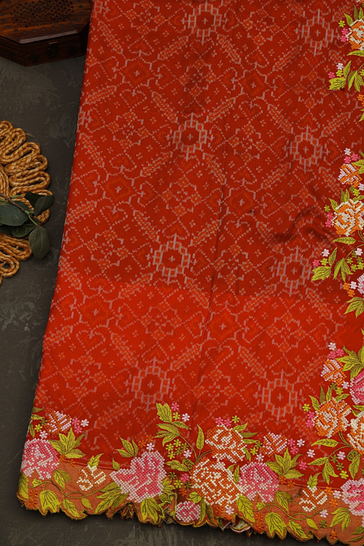 Fusion Ikat Silk Bottle Green Saree With Pochampally Weave Body