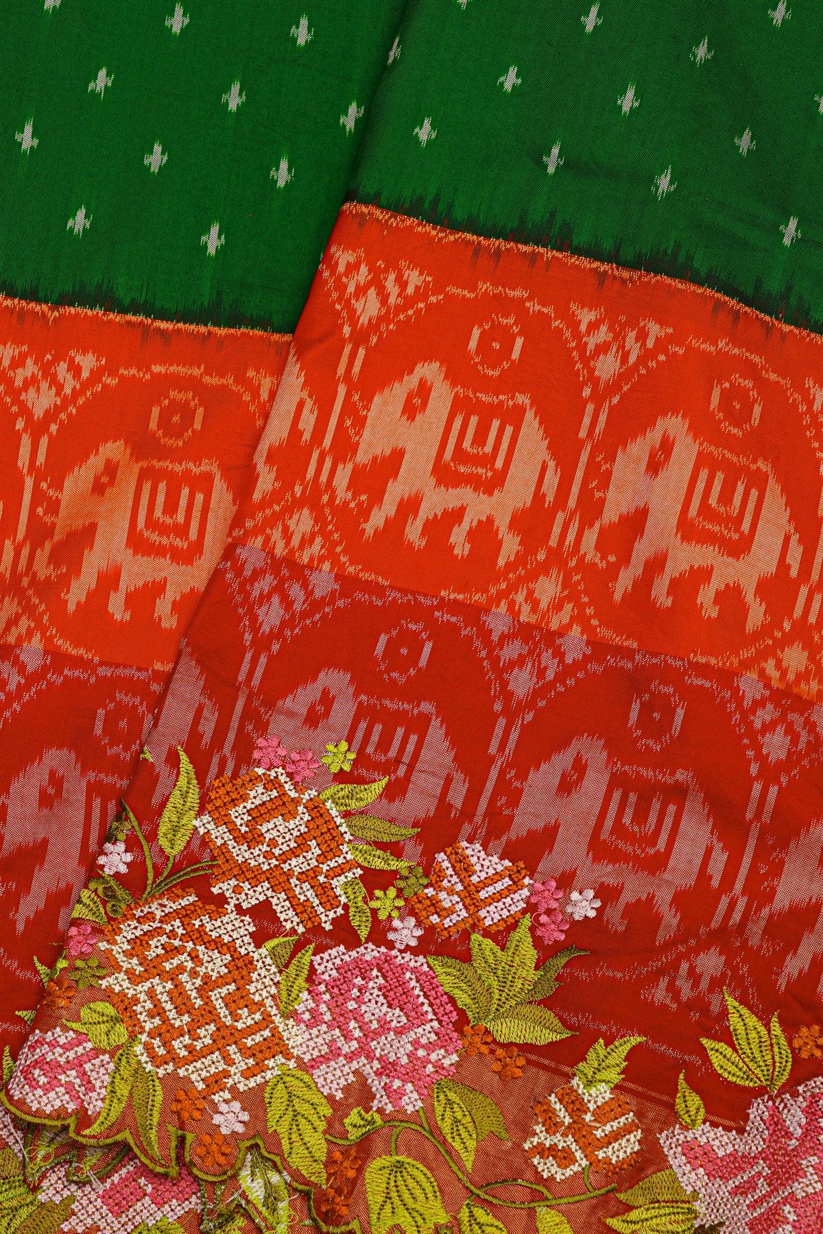 Fusion Ikat Silk Bottle Green Saree With Pochampally Weave Body